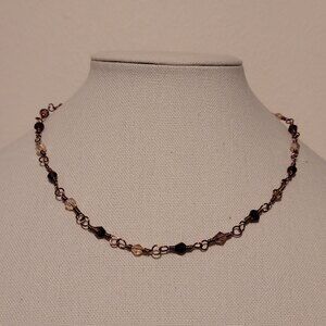Handmade Crystal Bead Necklace with Copper Chain in Brown and Amber Tones